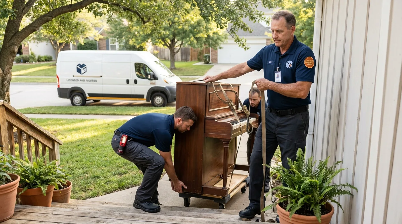 Licensed piano movers securing grand piano in Corunna, MI