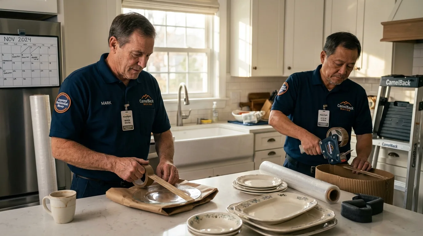 Professional crew packing kitchen dishware in Corunna, MI